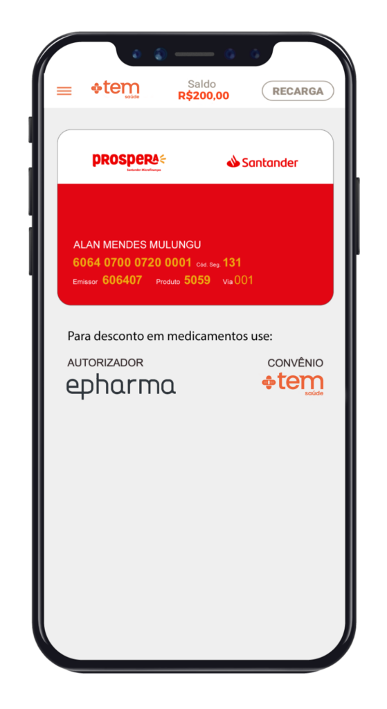 Imagem de celular mostrando o cartão digital de saúde